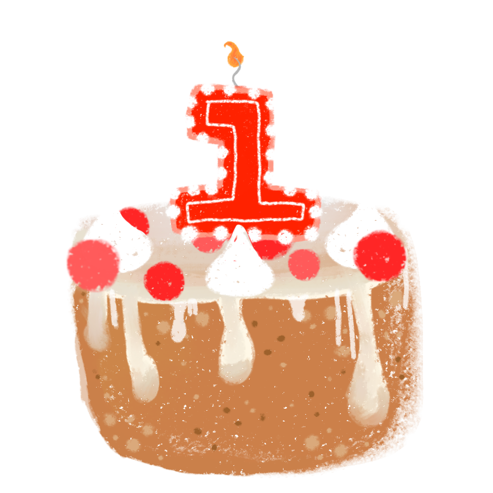 A drawn cake, inspired by Minecraft, is depicted. It has a brown base, topped with white frosting that drips down the sides. Scattered across the frosting are red cherries and small white swirls. A red number '1' candle is placed on top of the cake. 